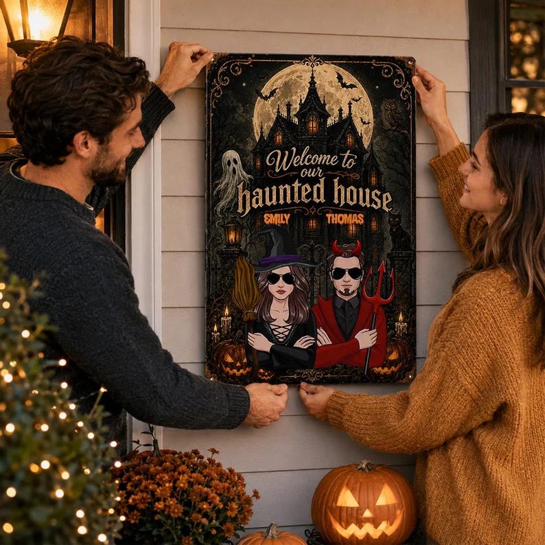 Custom Halloween Haunted House Sign, Personalized Welcome Halloween Metal Sign, Couple Halloween Yard Decor, Spooky Porch Wall Art, Halloween Gift