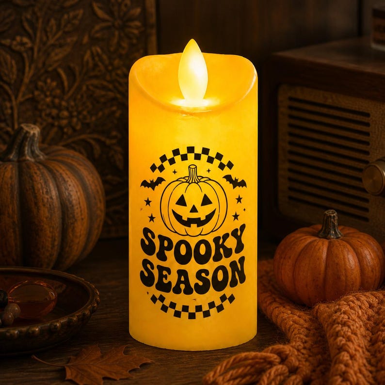 Personalized Halloween LED Candle, Custom Flameless Candle Decor, Spooky Season Gift, Pumpkin Ghost Light, Safe Flickering LED Festival Lamp (Copy)