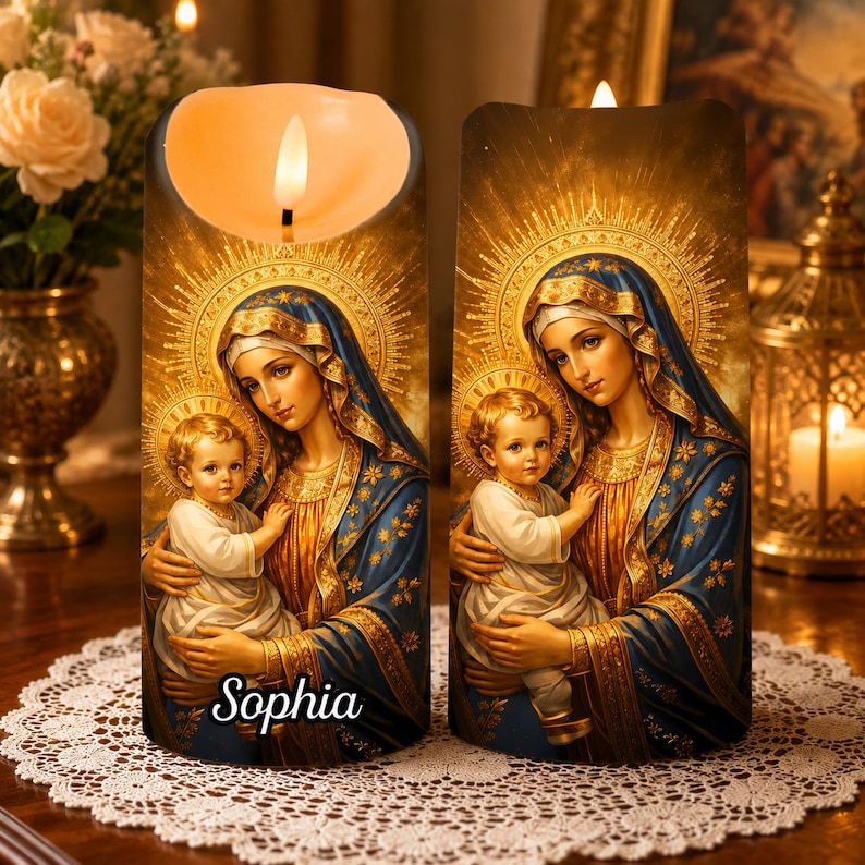 Personalized name Virgin Mary & Baby Jesus LED Candle, Catholic Flameless Prayer Candle, Madonna Religious Home Decor, Christian Faith Gift, Memorial Light