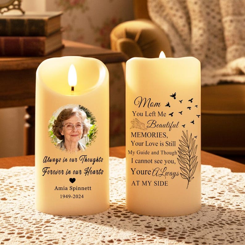 Personalized Memorial LED Candle with Photo, Custom Picture Remembrance Light, In Loving Memory Flameless Candle, Sympathy Gift for Mom Dad, Christmas Keepsake