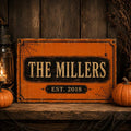 Custom Halloween Metal Sign – Personalized Family Name & Year, Vintage Pumpkin Porch Decor, Spooky Outdoor Housewarming Gift