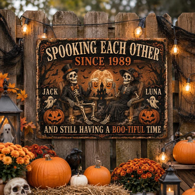 Personalized Halloween Skeleton Couple Metal Sign, Custom 2 Names and Year, Spooky Anniversary Yard Sign, Halloween Garden Decor, Couple Gift