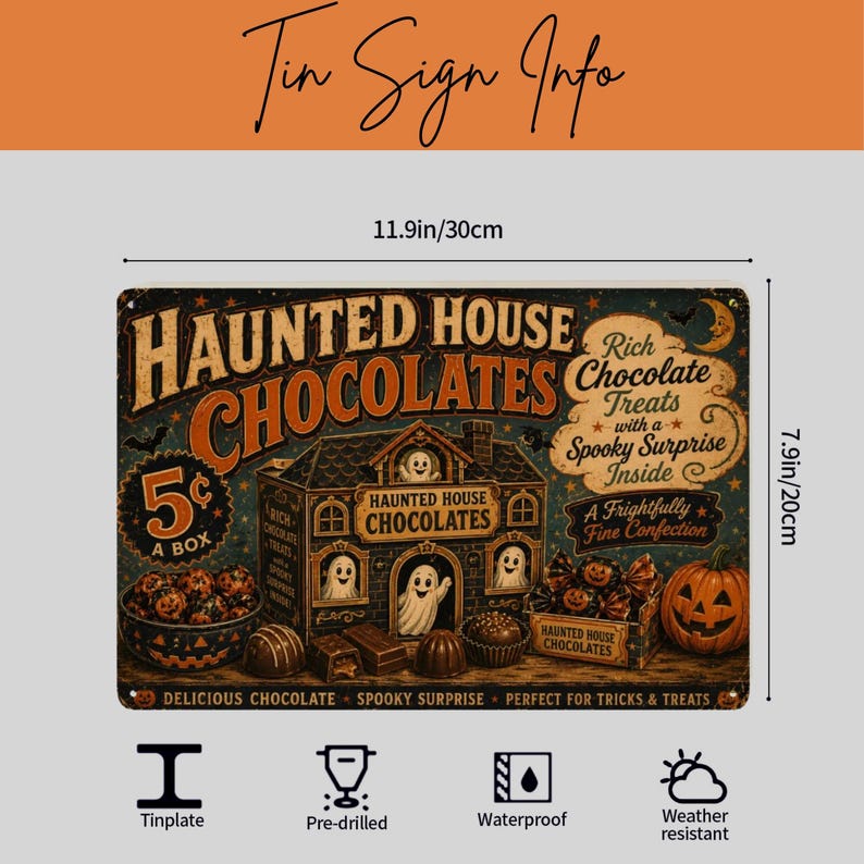 Haunted House Chocolates Tin Sign, Vintage Halloween Metal Sign, Retro Ghost Candy Wall Decor, Spooky Kitchen Wall Art, Halloween Home Decoration