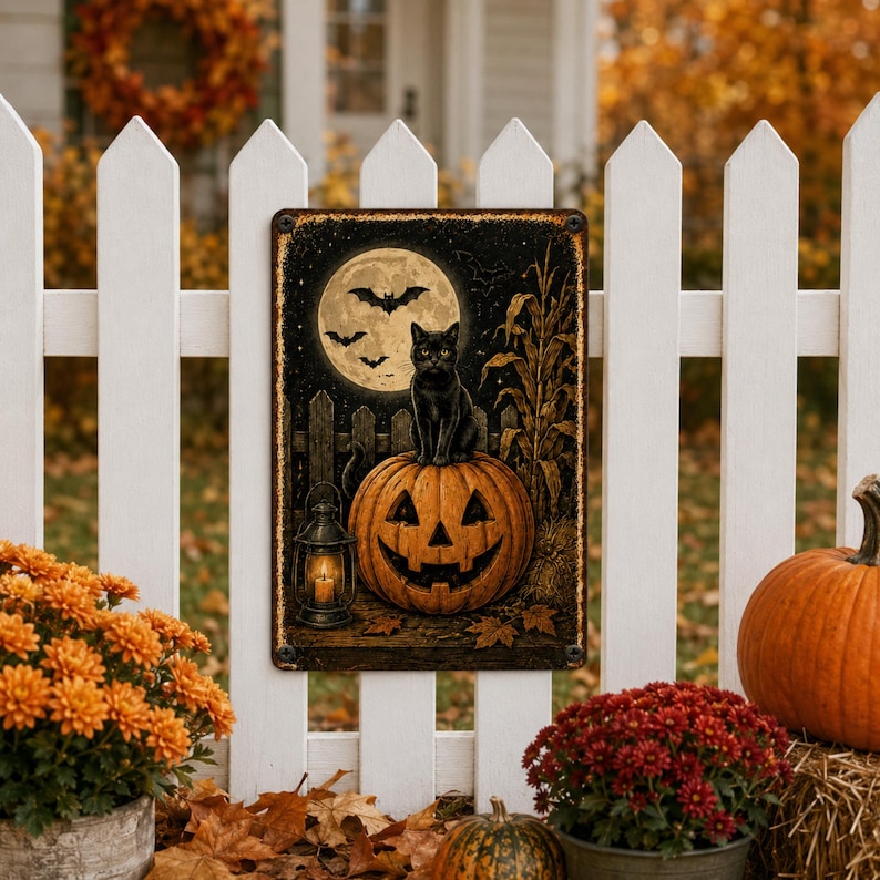 Halloween Black Cat Metal Sign – Vintage Pumpkin Wall Decor, Spooky Moon & Bat Porch Decor, Fall Outdoor Plaque (Copy)