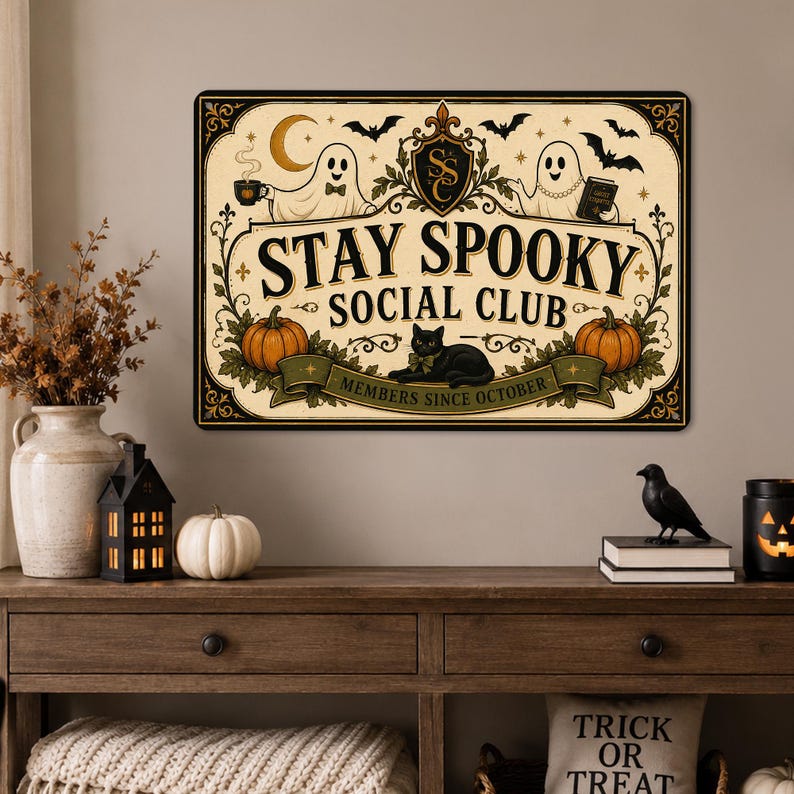Stay Spooky Social Club Metal Sign, Cute Ghost Halloween Wall Decor, Spooky Season Hanging Sign, Haunted House Porch Decoration, Halloween Gift