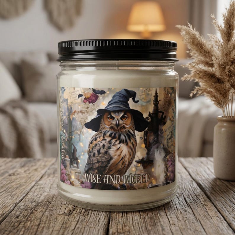 Witchy Owl Halloween Candle, Mystical Owl Glass Jar Candle, Spooky Gothic Fall Decor, Enchanted Witch Gift