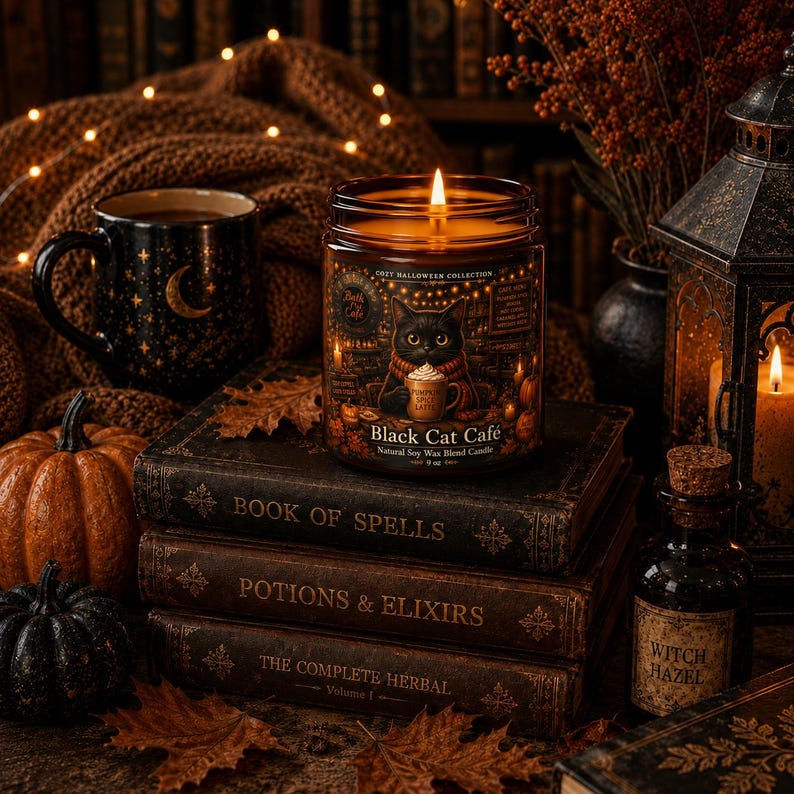 Black Cat Cafe Candle, Cozy Halloween Soy Wax Candle, Witchy Cat Kitchen Decor, Spooky Fall Home Decor, Feline Lover Gift, Halloween Gift