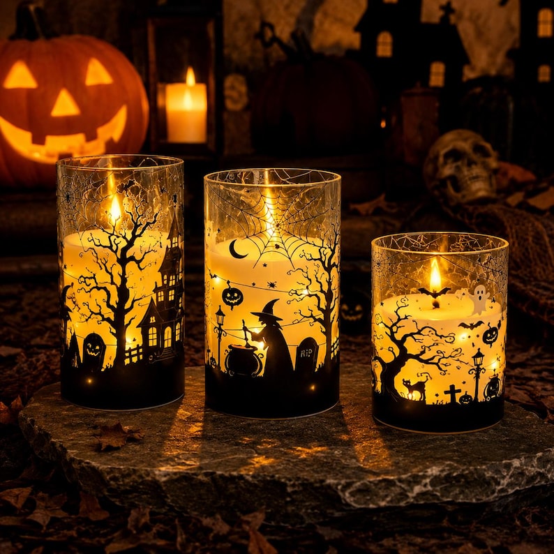 Halloween LED Candle Lantern, Flameless Flickering Candle with Remote & Timer, Spooky Haunted House Decor, Pumpkin Witch Ghost Table Light (Copy)