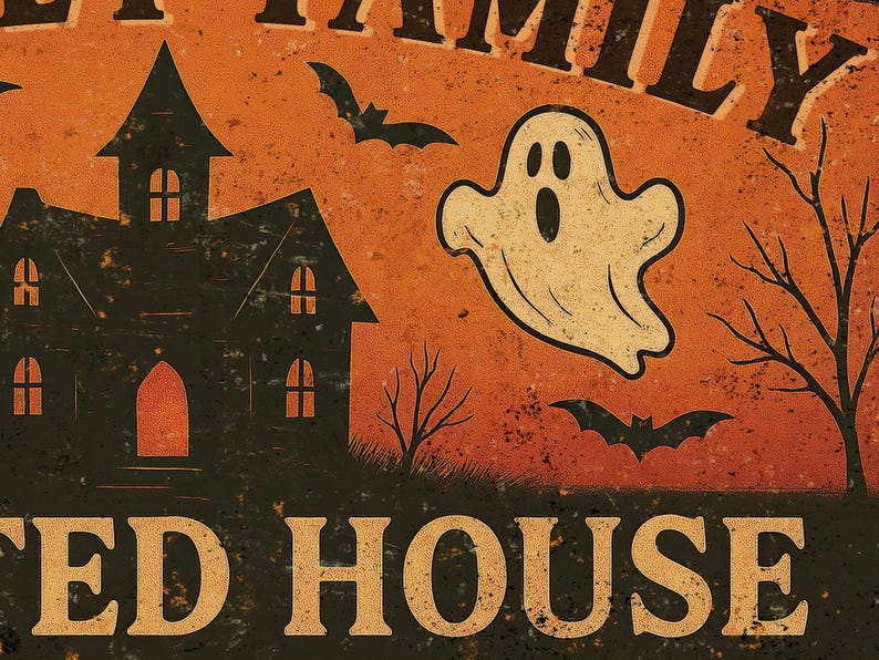 Custom Halloween Haunted House Metal Sign – Personalized Rustic Spooky Decor, Primitive Halloween Porch & Front Door Plaque