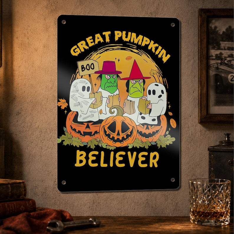 Great Pumpkin Believer Metal Sign, Retro Halloween Wall Decor, Vintage Trick or Treat Sign, Ghost Witch Jack O Lantern Halloween Decoration