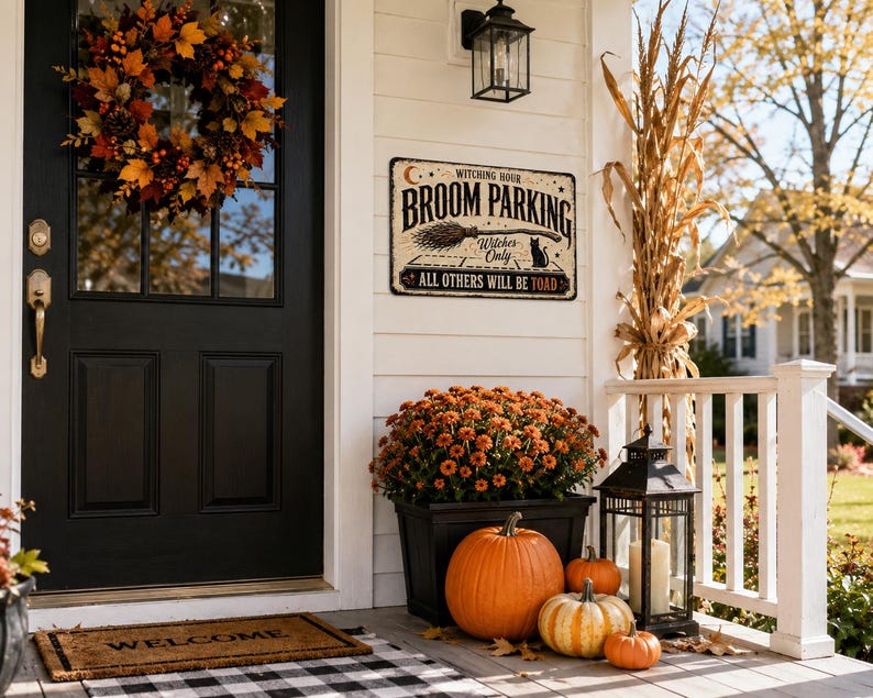 🧙‍♀️ Witch Parking Sign, Halloween Broom Decor, Gothic Farmhouse Metal Sign, Spooky Witch Wall Decor