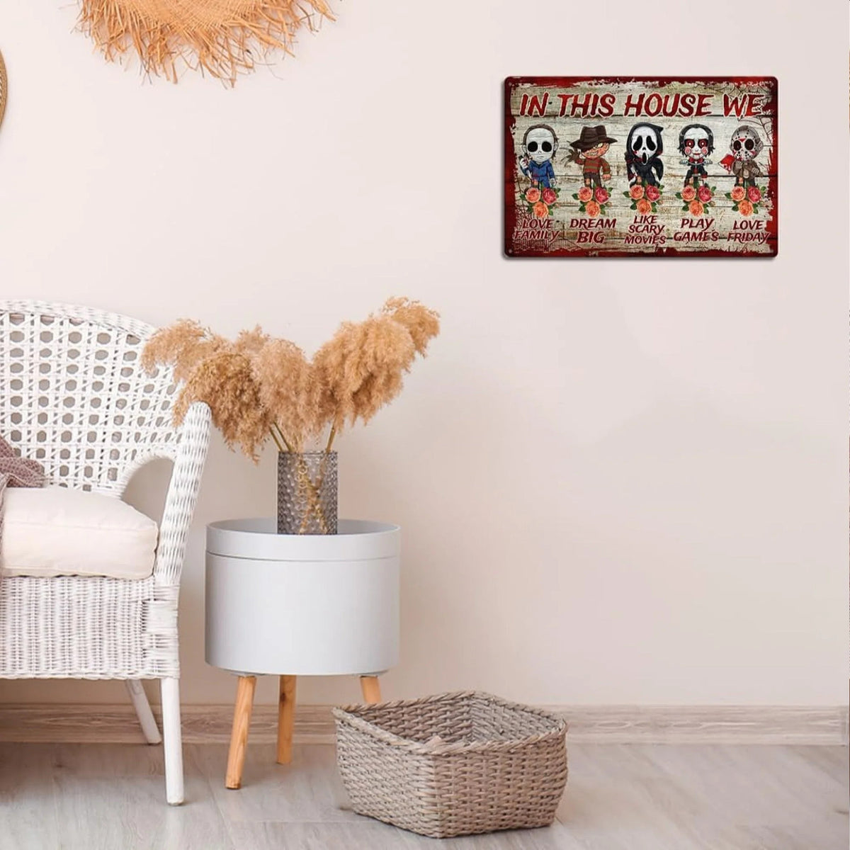 In This House We Halloween Horror Metal Sign, Spooky Family Wall Decor, Gothic Halloween Tin Plaque, Haunted House Decoration, Horror Fan Gift
