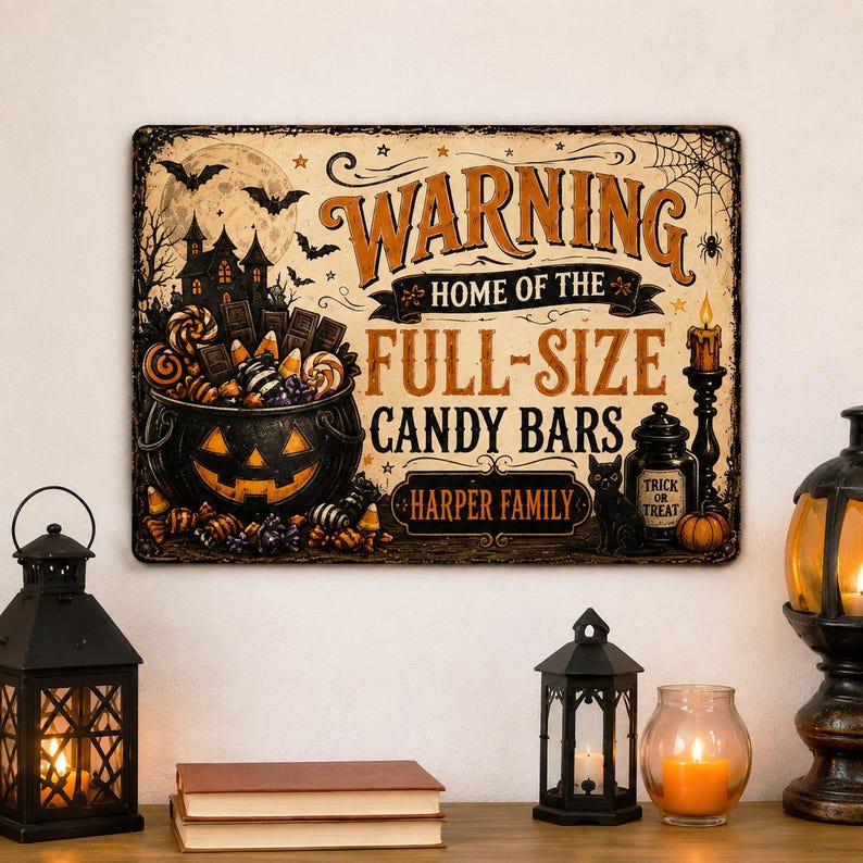Personalized Halloween Metal Sign, Custom Trick or Treat Candy Bar Sign, Halloween Porch Wall Decor, Personalized Garden Yard Decoration, Spooky Halloween Gift