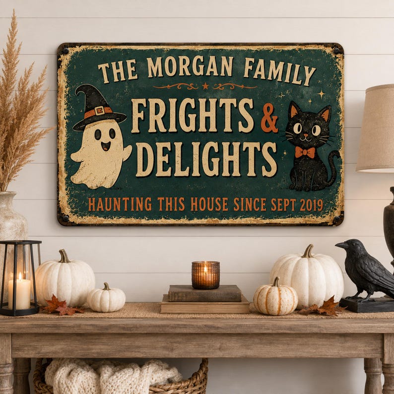 Personalized Frights & Delights Halloween Metal Sign – Custom Family Name, Ghost & Black Cat Decor, Spooky Wall Plaque