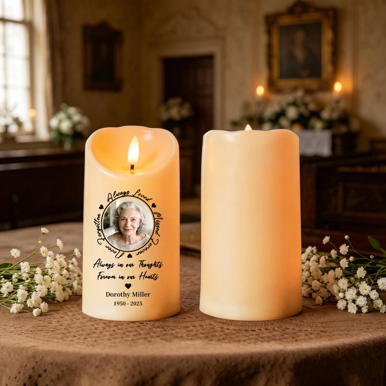 Personalized Memorial LED Candle with Photo, Custom In Loving Memory Flameless Candle, Remembrance Keepsake, Sympathy Gift for Loss of Loved One