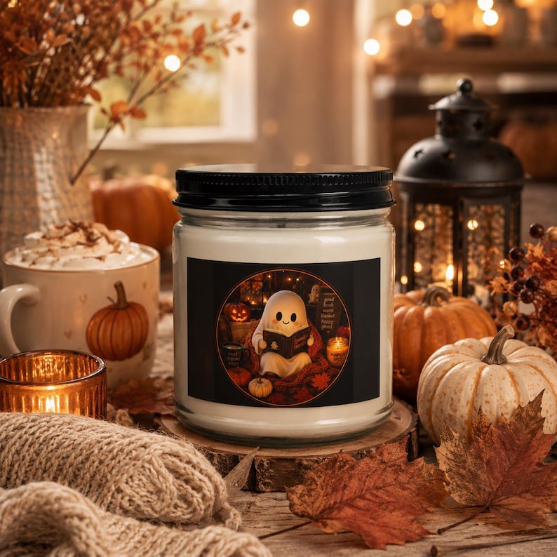 Ghost Reading Candle, Spooky Halloween Scented Candle, Cozy Book Lover Home Decor, Cute Ghost Fall Gift