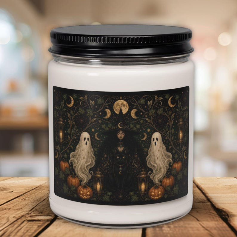 Witch Ghost Halloween Candle, Spooky Fall Scented Candle, Gothic Black Cat Home Decor, Witchy Halloween Aromatherapy Gift