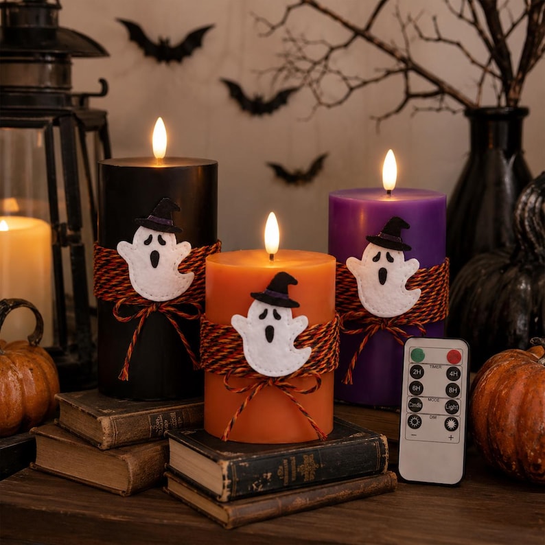 Halloween LED Candle , Ghost Flameless Candles with Remote, Black Orange Purple Paraffin Wax Pillar Candles, Spooky Decor