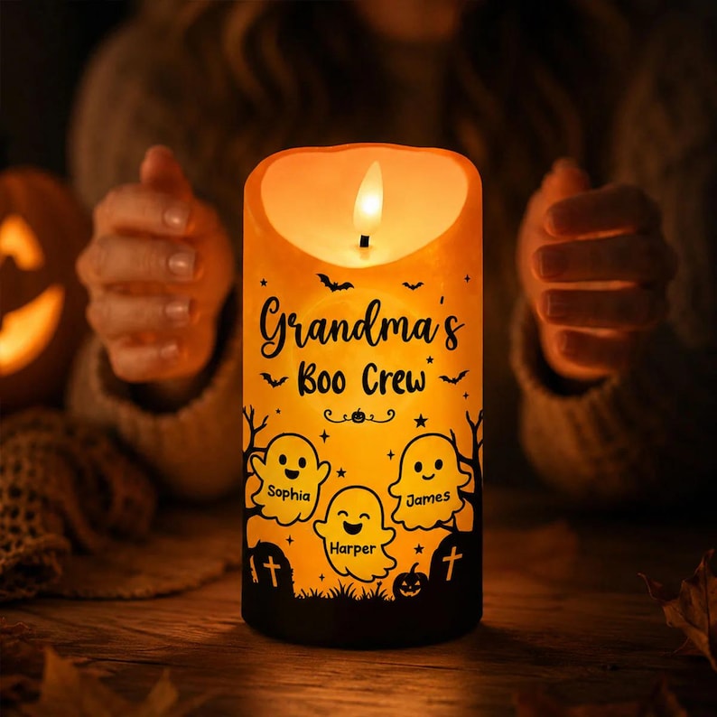 Personalized Grandma Boo Crew LED Candle , Grandkids Name Ghost Halloween Flameless Decor Gift