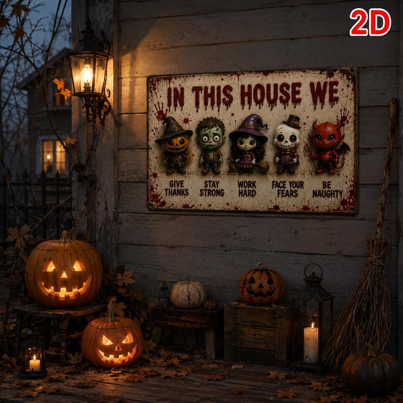 2D Halloween Metal Sign, Vintage Spooky Wall Decor, Horror Family Rules Plaque, Rustic Halloween Door Sign, Haunted House Decoration