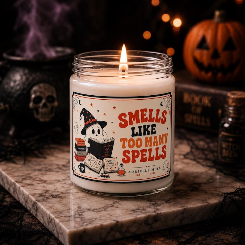 Book Lover Halloween Candle, Smells Like Too Many Spells Candle, Funny Ghost Witch Soy Candle, Cozy Halloween Decor, Witchy Reader Gift (Copy)