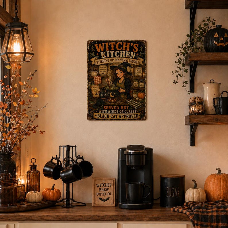 🧙‍♀️ Funny Witch Kitchen Metal Sign, Vintage Halloween Wall Decor, Black Cat Art, Spooky Kitchen Sign