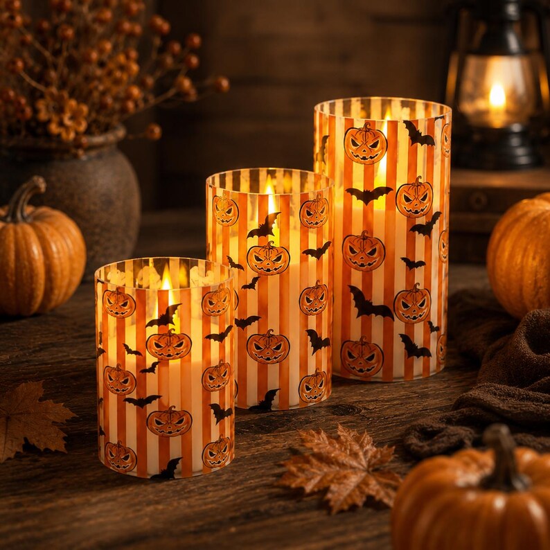 Halloween LED Pillar Candle, Flameless Pumpkin & Bat Candle, Vintage Orange Spooky Table Decor, Fall Home Decoration