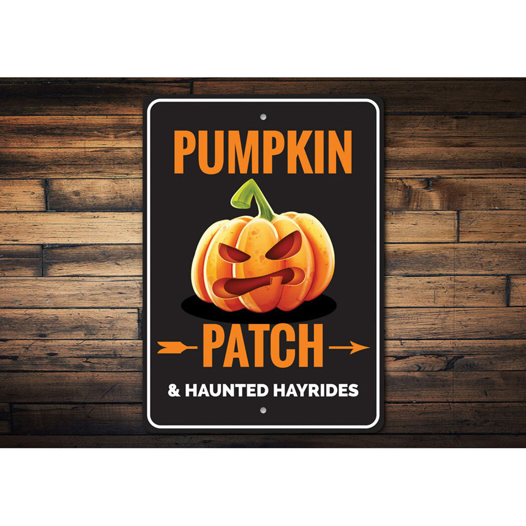 Pumpkin Patch Haunted Hayrides Metal Sign, Angry Pumpkin Halloween Wall Decor, Vintage Spooky Farm Sign, Fall Porch Decor, Haunted Attraction Gift