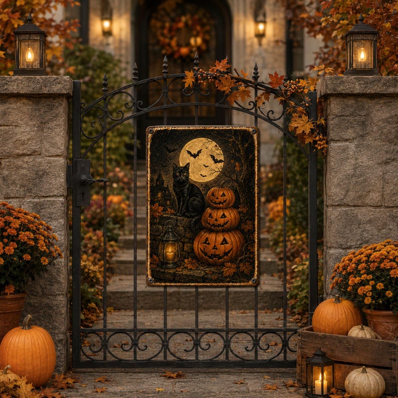 🐈‍⬛🎃 Halloween Black Cat Metal Sign, Pumpkin Moon Wall Decor, Gothic Spooky Porch & Outdoor Halloween Decoration