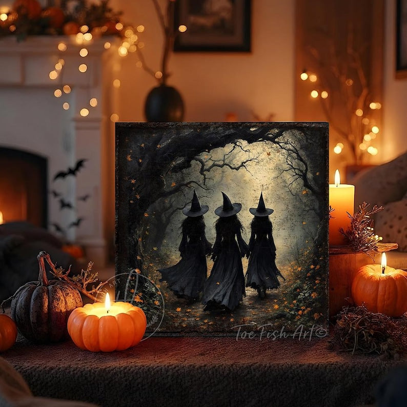 Vintage Witches Halloween Metal Sign – Creepy Forest Decor, Rustic Farmhouse Fall Wall Art, Spooky Autumn Plaque
