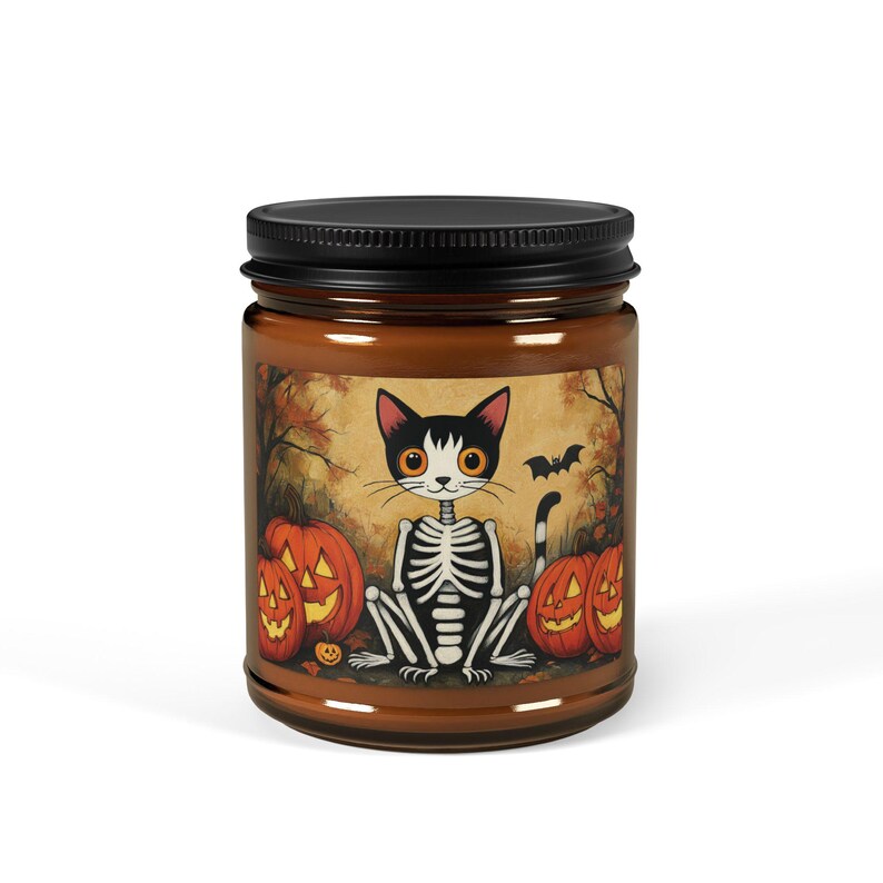 Enchanted Cat Skeleton Candle, Natural Soy Wax Halloween Candle, Spooky Cat Lover Decor, Gothic Witchy Candle, Halloween Home Decor, 4oz 9oz Gift