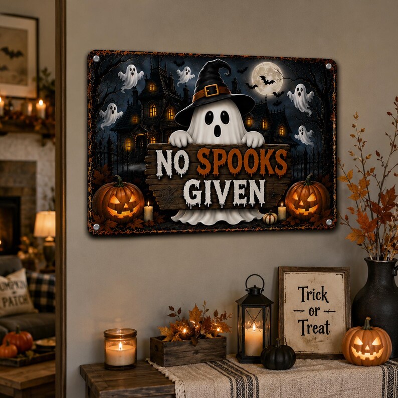 No Spooks Given Metal Sign – Funny Halloween Ghost Wall Decor, Vintage Haunted House Plaque, Spooky Fall Home Decor