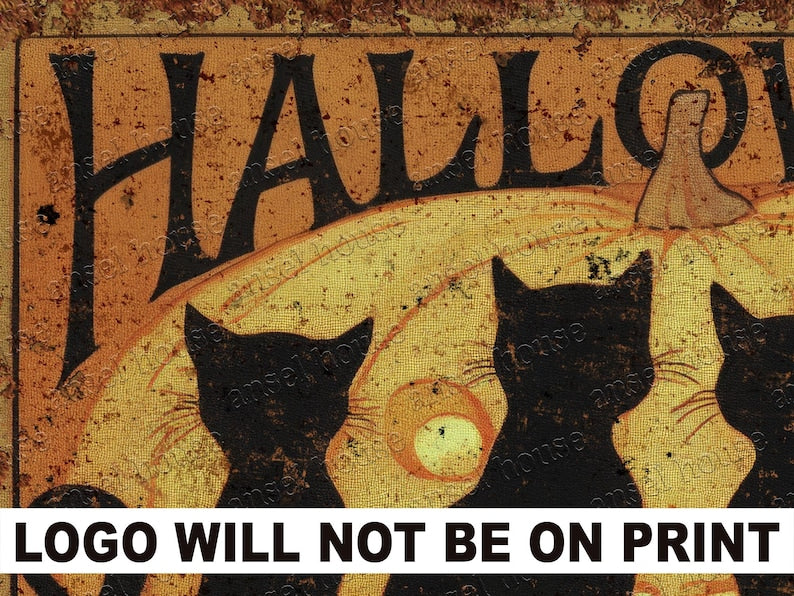 Primitive Halloween Metal Sign | 4 Black Cats & Pumpkin Rustic Outdoor Door Decor