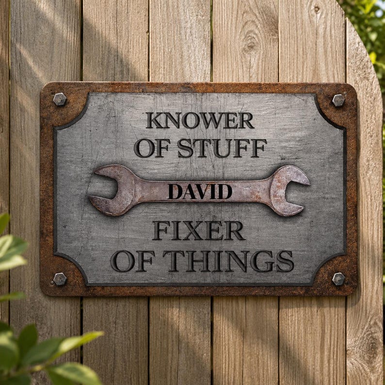 Personalized Knower of Stuff Fixer of Things Metal Sign – Custom Garage Decor, Handyman Workshop Sign, Dad Gift for Him
