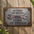 Personalized Knower of Stuff Fixer of Things Metal Sign – Custom Garage Decor, Handyman Workshop Sign, Dad Gift for Him