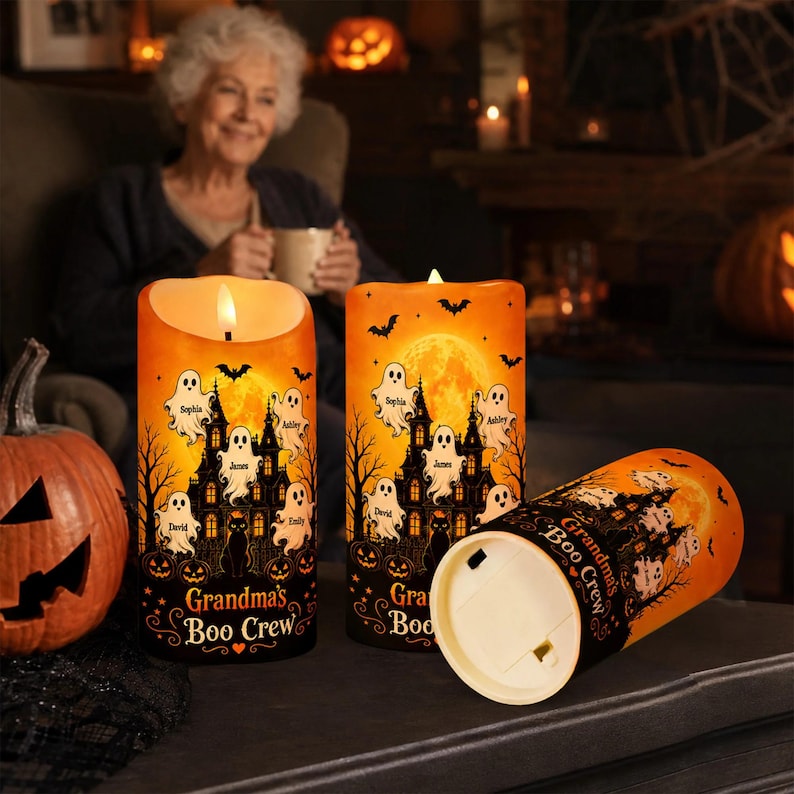 Personalized Grandma Boo Crew Halloween LED Candle, Grandkids Name Ghost Flameless Decor Gift