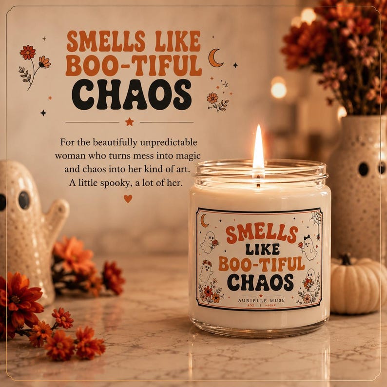 Halloween Smells Like Boo-tiful Candle, Cute Floral Ghost Soy Candle, Orange Halloween Decor, Cottagecore Fall Candle, Punny Halloween Gift