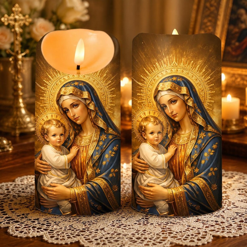 Personalized name Virgin Mary & Baby Jesus LED Candle, Catholic Flameless Prayer Candle, Madonna Religious Home Decor, Christian Faith Gift, Memorial Light