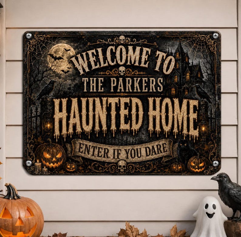 Personalized Welcome to Our Haunted Home Metal Sign – Custom Family Name Halloween Decor, Spooky Outdoor Wall Plaque