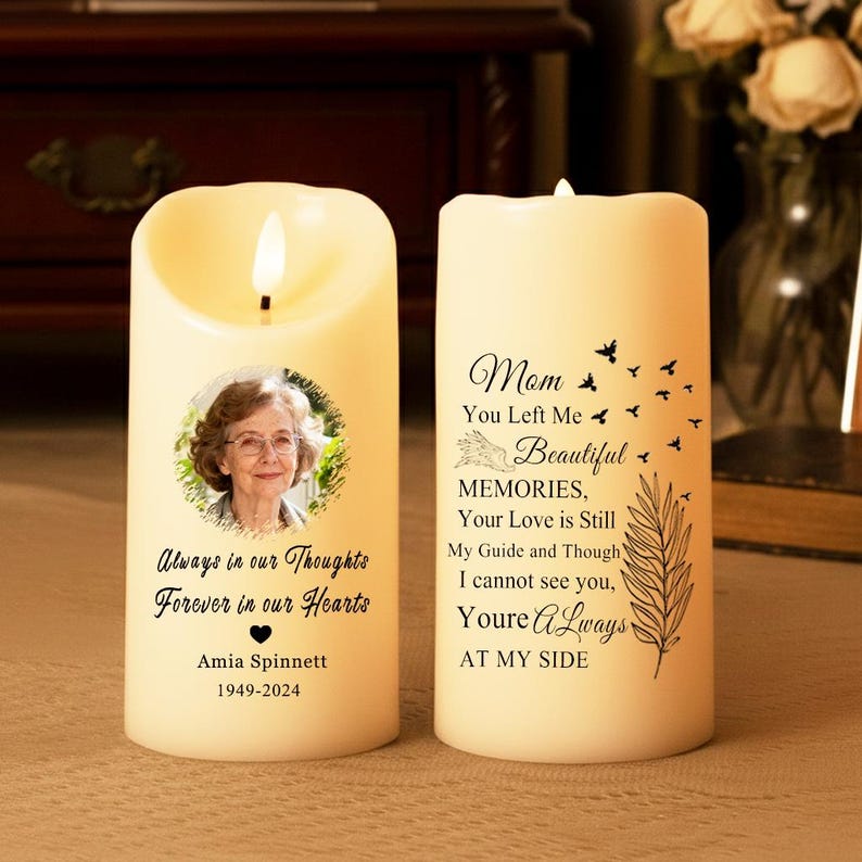 Personalized Memorial LED Candle with Photo, Custom Picture Remembrance Light, In Loving Memory Flameless Candle, Sympathy Gift for Mom Dad, Christmas Keepsake