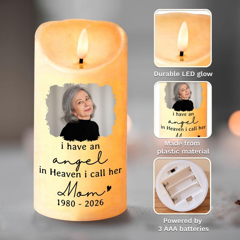 Personalized Mom Memorial LED Candle, Custom In Loving Memory Candle for Loss of Mother, Remembrance Photo Candle, Sympathy Gift, Memorial Keepsake