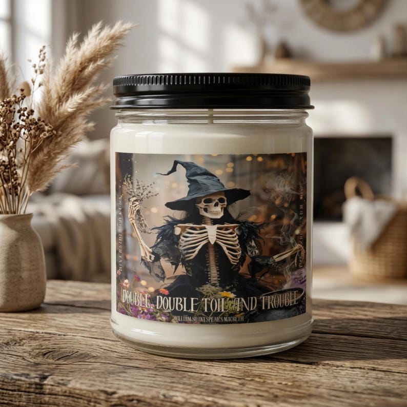 🧙‍♀️ Skeleton Witch Candle, Double Double Toil and Trouble, Magical Soy Wax Candle, Halloween & Dark Academia Decor 🕯️💀 (Copy)