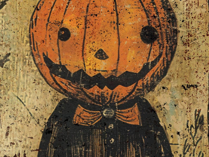 🎃 Primitive Pumpkinhead Halloween Metal Sign, Rustic Bow Tie Pumpkin Decor, Antique Cottagecore Wall & Mantel Art
