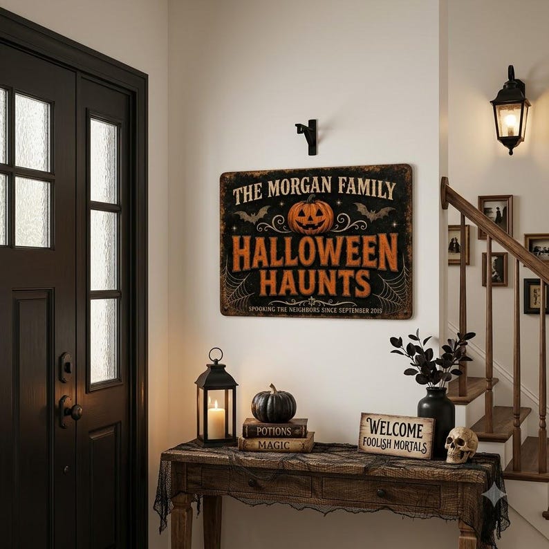 Personalized Halloween Family Name Sign, Custom Spooky Haunts Metal Sign, Halloween Porch Wall Decor, Personalized Outdoor Wall Art, Haunted House Decoration