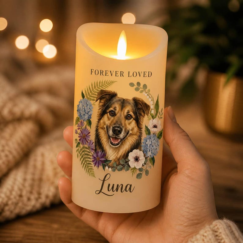 Personalized Pet Memorial LED Candle with Photo and Name, Custom Dog Cat Remembrance Light, Flameless Pet Loss Keepsake, Sympathy Gift for Pet Lovers