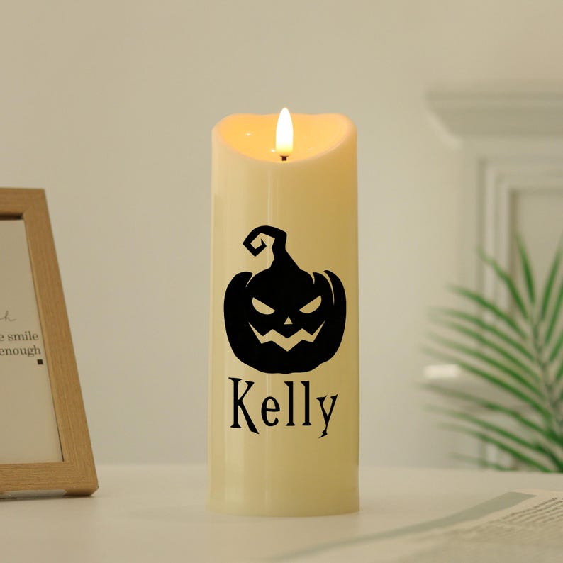 Personalized Halloween LED Candle, Bat and Pumpkin Name Candle, Flameless Spooky Decor,Custom Halloween Gift, Autumn Decor, Party Decoration