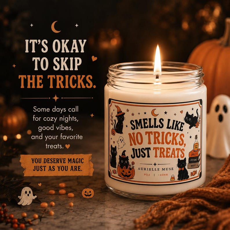 Cat Halloween Candle, No Tricks Just Treats Black Cat Candle, Candy Corn Halloween Decor, Spooky Cat Lover Gift, Trick or Treat Fall Candle