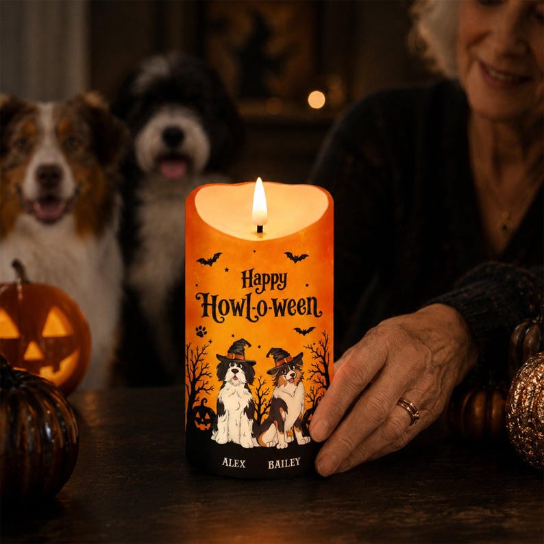 🐶🎃 Custom Happy Howl-o-ween Halloween Dog LED Candle 🕯️👻