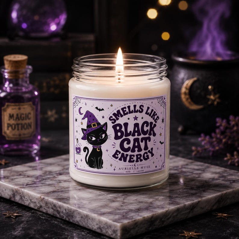 Smells Like Black Cat Energy Candle, Witchy Black Cat Soy Candle, Purple Halloween Decor, Mysterious Spooky Candle, Main Character Gift, Halloween Gift