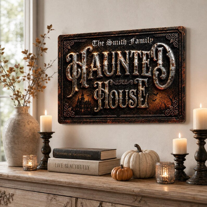 Personalized Haunted House Metal Sign | Custom Family Name Halloween Wall Decor